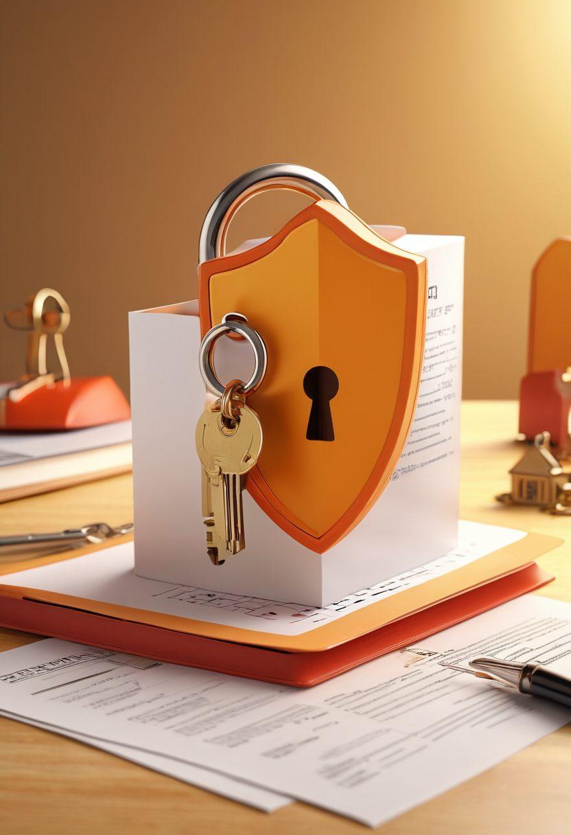 A sophisticated lock being opened with a key shaped like an insurance policy document, surrounded by various icons such as shields, umbrellas, and graphs representing coverage options and strategies. The background features a bright, organized office space with a warm glow, symbolizing clarity in insurance mastery. super-realistic. vibrant colors. 3D.