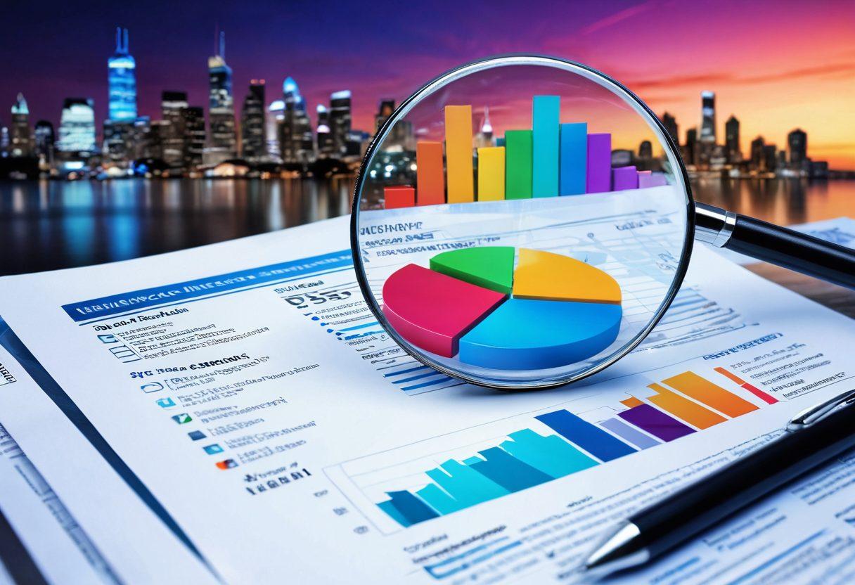 A visually engaging scene depicting a magnifying glass zooming in on various insurance documents and tools, showcasing pie charts and comparison tables with vibrant colors. Surrounding the glass are symbols of smart choices, like light bulbs and check marks. The background features a blurred skyline symbolizing growth and trust. Include a blend of modern and digital elements to signify innovation in insurance. super-realistic. vibrant colors. 3D.